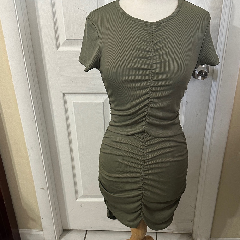 Divided Olive Green Ruched Midi Dress